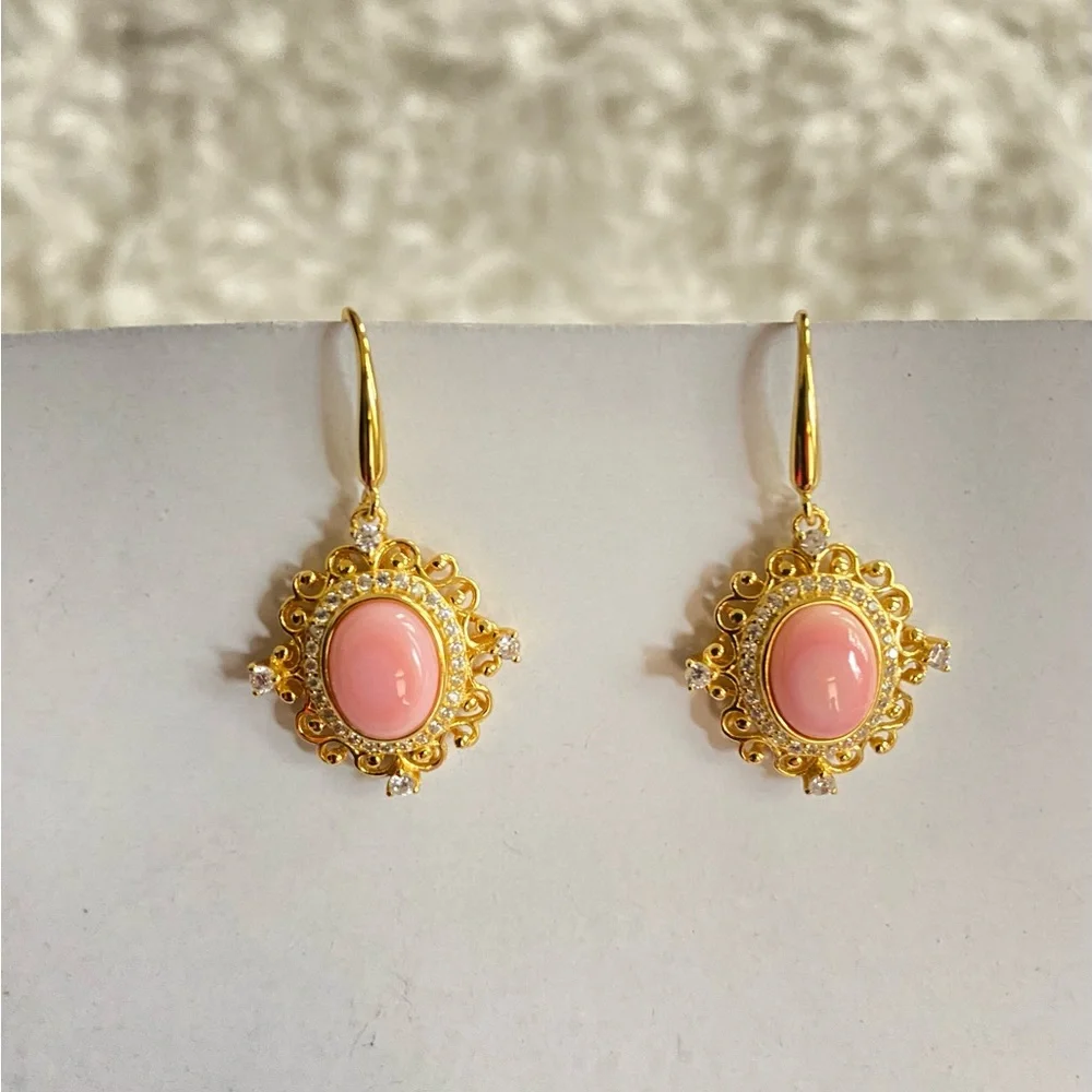 Coral Crystal golden lace oval dangling Earrings by QiULi Signed nWOT - Picture 3 of 7
